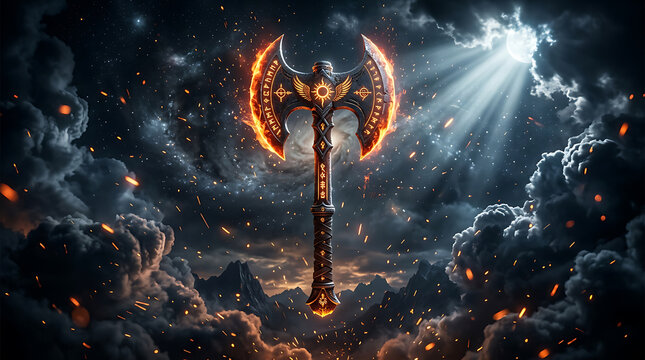 Mythic double bladed battle axe with glowing edges against a stormy celestial scene