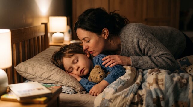 Mother kisses sleeping child goodnight in bed with teddy bear and bedside lamps