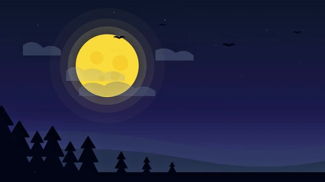 Full moon glowing over silhouetted pine forest at night