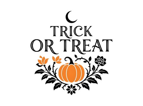 Festive halloween illustration featuring a pumpkin surrounded by floral elements and the phrase trick or treat