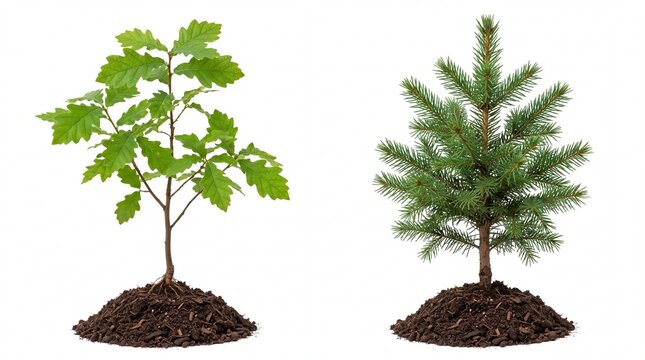 Small green oak sapling and young coniferous pine tree with roots planted in mounds of dark soil on white background