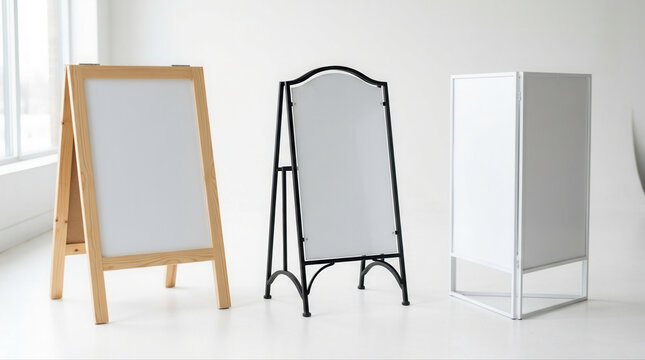 Three adaptable blank signage boards in a well lit indoor environment ready for personalization
