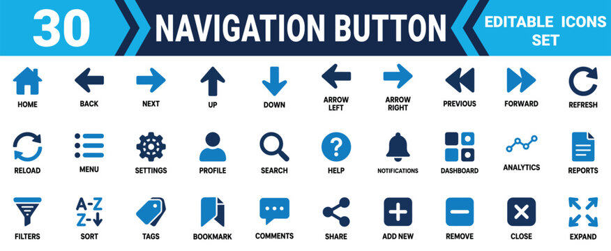 Set of 30 blue and black modern navigation buttons and web interface icons for website and mobile apps Minimal solid fill icon set bundle collection. Editable Vector Illustration Mega pack