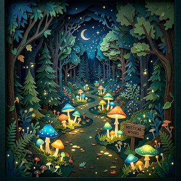 Fantasy forest with magical creatures and glowing mushrooms
