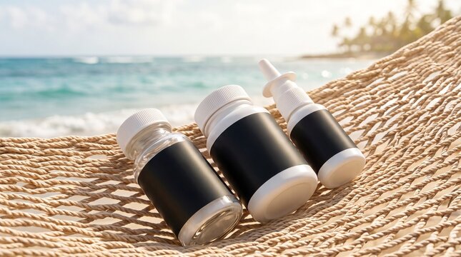 Three small medicine bottles and a nasal spray rest on a woven hammock overlooking a sunny tropical beach and ocean, suggesting travel health essentials.