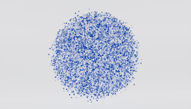 A 3d particle cluster forms a spherical shape on white background