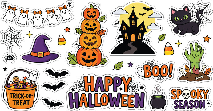 Colorful halloween sticker collection featuring cute ghosts stacked pumpkins haunted castle black cat witch hat trick or treat candy bucket spooky season zombie hand spider webs candy corn