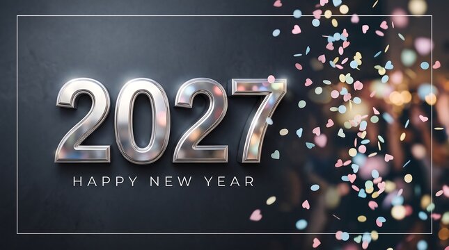 3D chrome silver 2027 Happy New Year text set inside a white frame with colorful festive confetti falling against a dark backdrop.