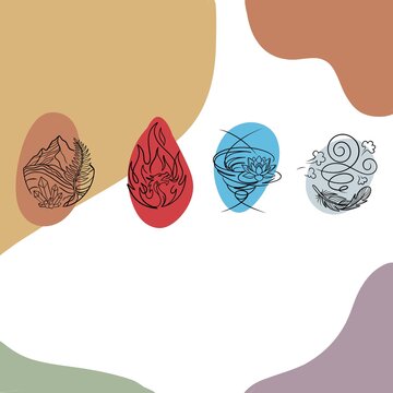 Minimalist line art illustration set of four natural elements Earth, Fire, Water, Air with dragon, lotus, crystals and feather on abstract shapes background.