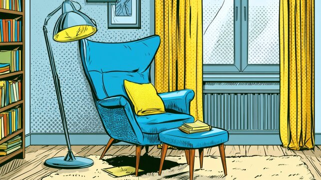 A bright corner with a blue chair and a standing lamp shows a cozy nook in a vintage setting with a warm ambiance and halftone shading.