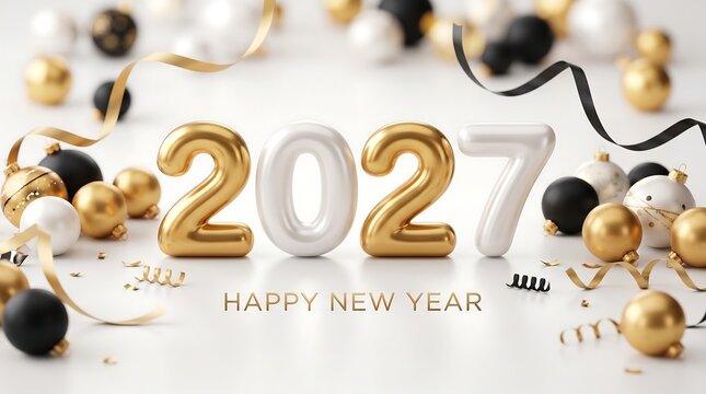 Elegant 3D gold and white 2027 numbers surrounded by festive Christmas baubles, streamers, and Happy New Year text on a clean white background.