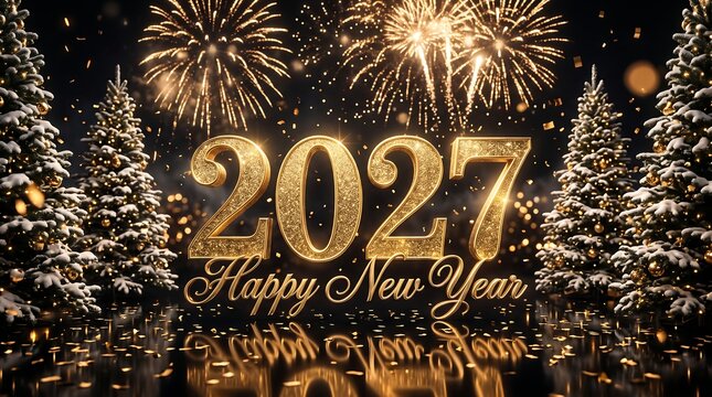 Golden 2027 Happy New Year text with festive pine trees, sparkling fireworks, and glowing confetti.