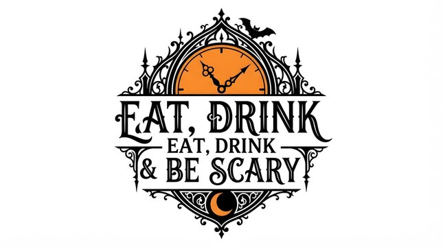 Vintage halloween design featuring a clock with the phrase eat drink and be scary in ornate lettering