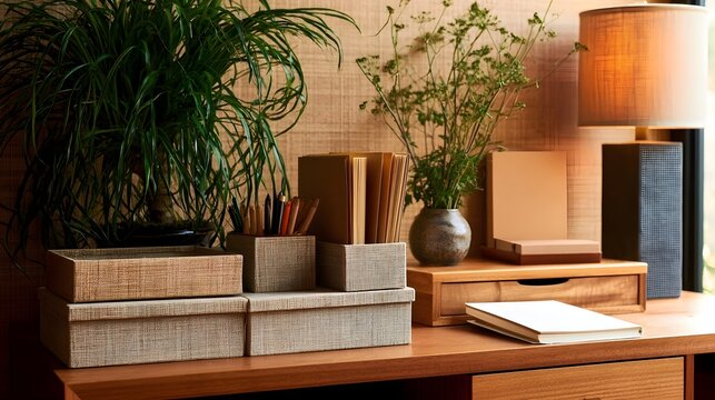 Organized desk corner with woven storage boxes  potted plants  and warm lighting for a calm creative workspace