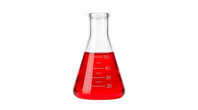 Glass erlenmeyer flask filled with bright red liquid reagent for chemical research and clinical testing isolated on white background