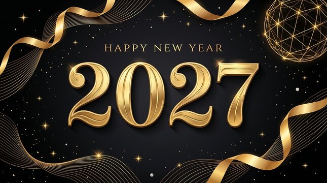 Elegant 3D gold 2027 numbers with Happy New Year text, surrounded by wavy golden ribbons, fine glowing lines, and a geometric wireframe bauble on a black background.