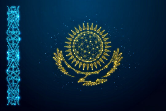 Kazakhstan flag digital wireframe, golden eagle and sun glowing symbols with national ornament on blue background
