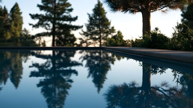 Calm pool water reflects tall pine trees under soft morning light in a tranquil natural setting with atmospheric depth