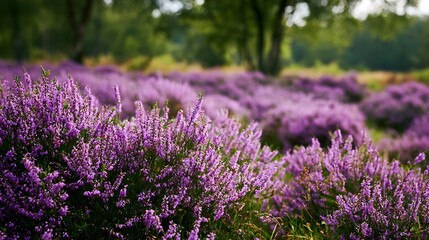 Obraz premium A vibrant field of purple heather blooms under soft natural light framed by blurred green trees in the distance