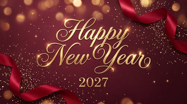 Elegant golden calligraphy script spelling Happy New Year 2027 framed by flowing red silk ribbons and sparkling gold dust on a deep burgundy background.