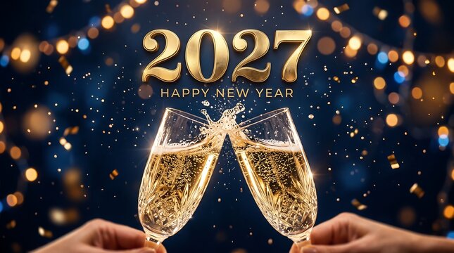 Two crystal champagne flutes clinking together in a toast beneath glowing 3D gold 2027 numbers and festive bokeh lights.