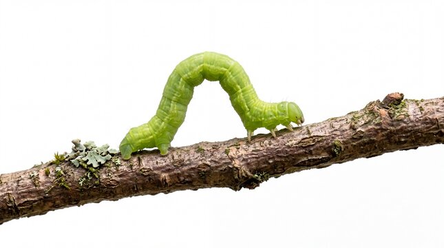 Vibrant green inchworm crawling across a textured brown tree branch captured in bright natural sunlight isolated on white background