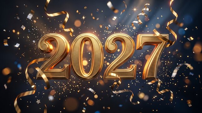 Glittering 3D gold 2027 numbers floating among swirling golden ribbons and falling party confetti on a dark bokeh background.