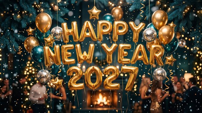 Golden foil balloon letters spelling Happy New Year 2027 surrounded by disco balls, stars, and party balloons at a festive gathering.