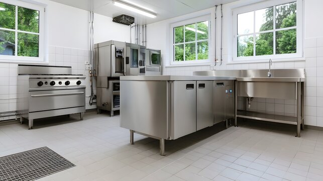 Modern commercial kitchen with stainless steel appliances  tiled walls  and large showing greenery outside