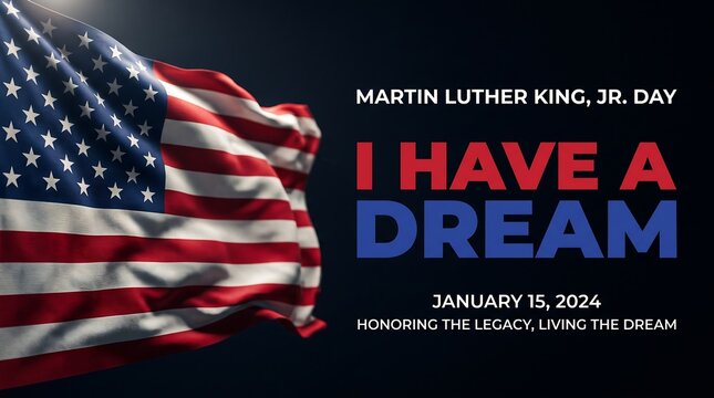 Waving American flag alongside Martin Luther King Jr Day and I Have A Dream typography on a dark background.