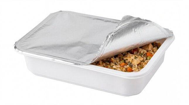 Healthy chicken and vegetable meal inside a rectangular plastic container with partially peeled metallic silver foil lid on white background