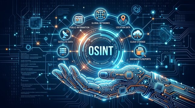 Open source intelligence OSINT concept with artificial intelligence hand, digital network, data investigation, and cyber research