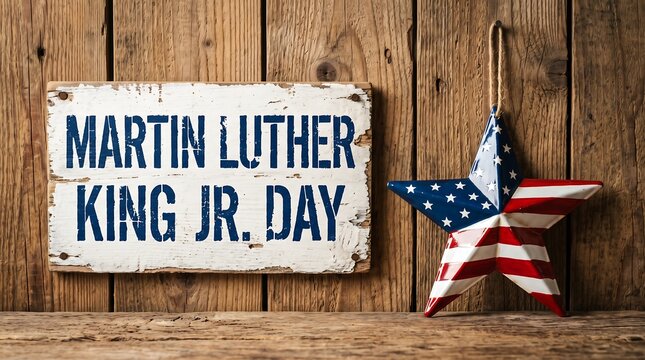 Martin Luther King Jr. Day wooden sign next to an American flag star ornament set against a rustic wooden wall background.