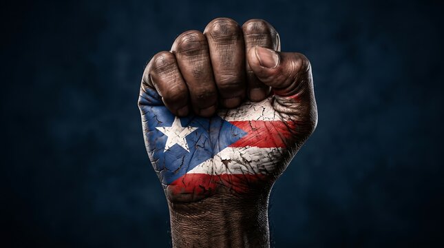 Raised fist painted with the flag of Puerto Rico symbolizing strength, power, unity, and pride against a dark background.