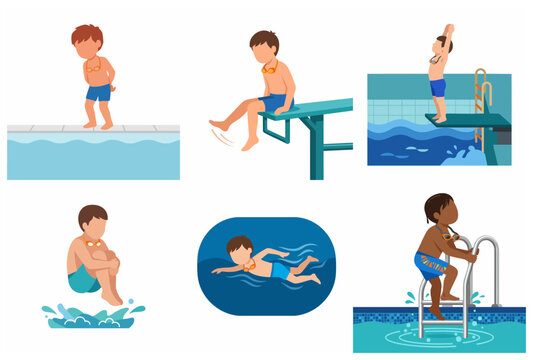 Set of young boys in various swimming pool activities like diving, jumping and swimming underwater, flat vector illustration