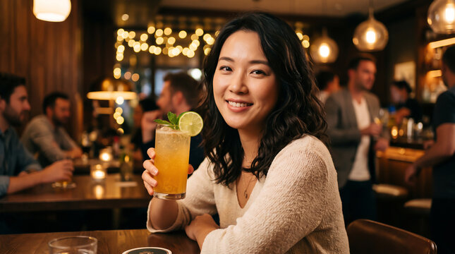 Happy young woman holding a cocktail with friends in a lively bar setting