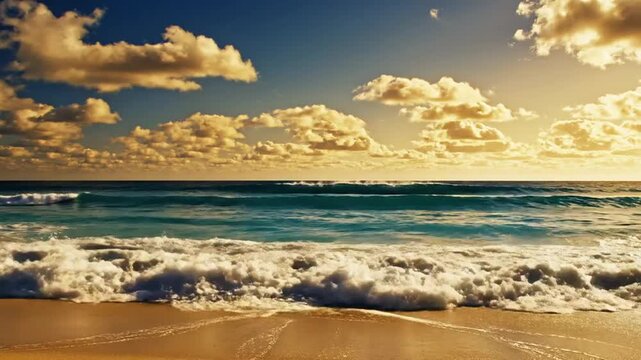 Golden Hour Serenity: Gentle waves kiss the sandy shore under a sky painted with golden clouds, creating a breathtaking seascape that embodies peace and natural beauty.
