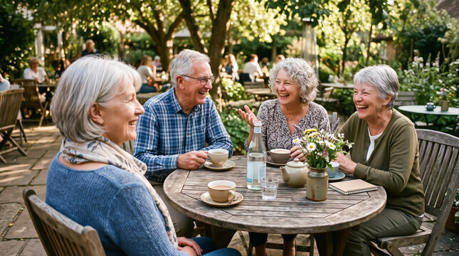 Senior friends enjoying a cheerful conversation and tea together in a lush garden setting