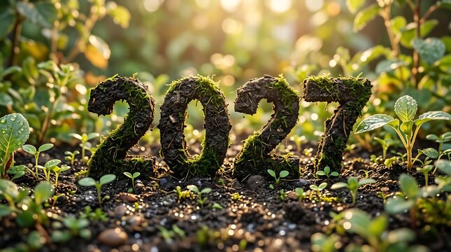 The year 2027 formed out of mossy soil surrounded by green sprouts, illuminated by warm sunlight in a garden setting.
