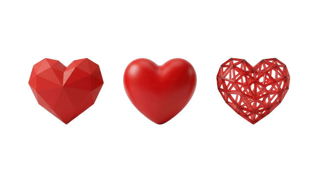 Three unique heart shapes in vibrant red color representing love and affection for various creative uses