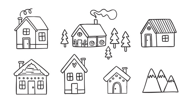 Winter houses line art clipart set with simple cabins and snowy roofs, monochrome collection, hand drawn.