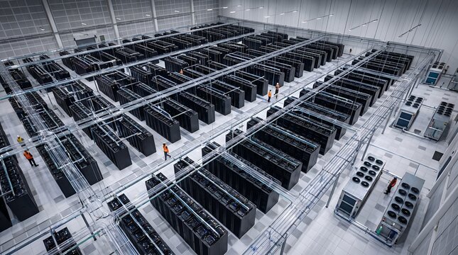 Aerial view of massive hyper-scale data center server farm facility, AI Generated image