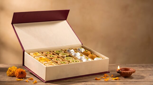 Premium Indian festive sweet box with lit diya and marigold flowers, AI Generated image