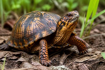 Obraz premium Close-up of a box turtle on forest floor. Orange-brown shell, intricate patterns. Turtle pauses, eyes alert, front legs extended. Dense green grass and fallen leaves surround. Natural habitat, quiet