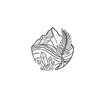 Earth Element Black Line Art Icon Mountain Crystals Fern