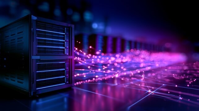 Server racks generating and distributing big data and artificial intelligence concepts