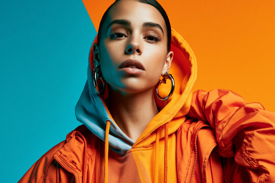 Confident Young Woman in Modern Streetwear Hoodie Portrait
