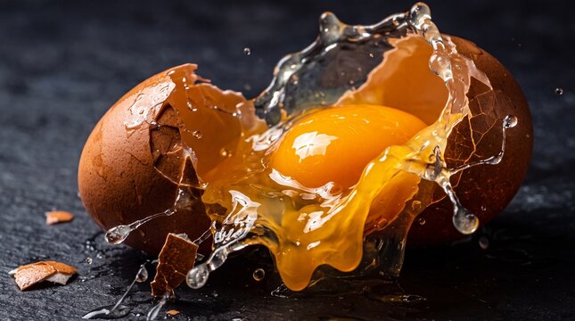 Broken Raw Egg with Splashing Yolk on Dark Surface