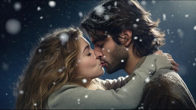 Couple enjoys a snowy moment together while smiling and embracing outdoors in the winter
