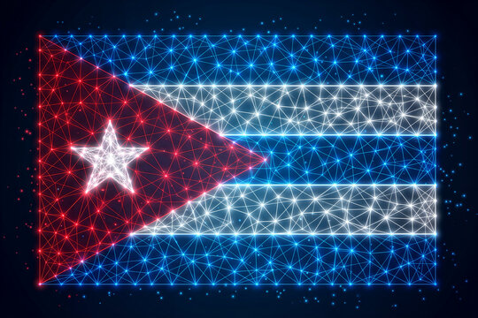 Cuba flag digital wireframe, glowing futuristic cuban national symbol with low poly mesh network